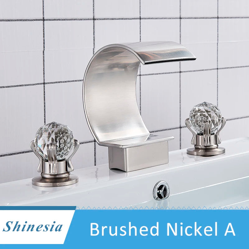 Shinesia Luxury Golden Bathroom Basin Faucet for Vessel Sink Crane Waterfall Hot and Cold Water Mixer Tap Dual Cristal Handle