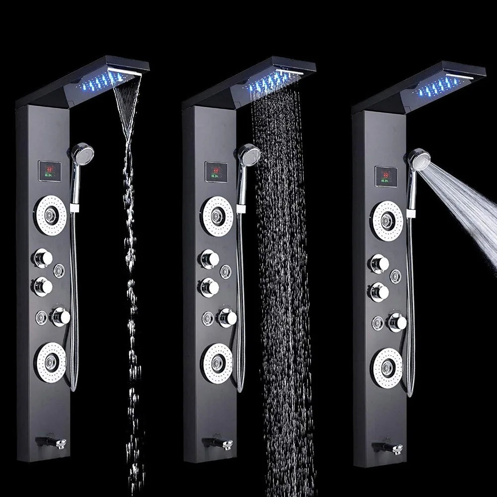 Luxury Black/Brushed Bathroom LED Shower Panel Tower System Wall Mounted Mixer Tap Hand Shower SPA Massage Temperature Screen