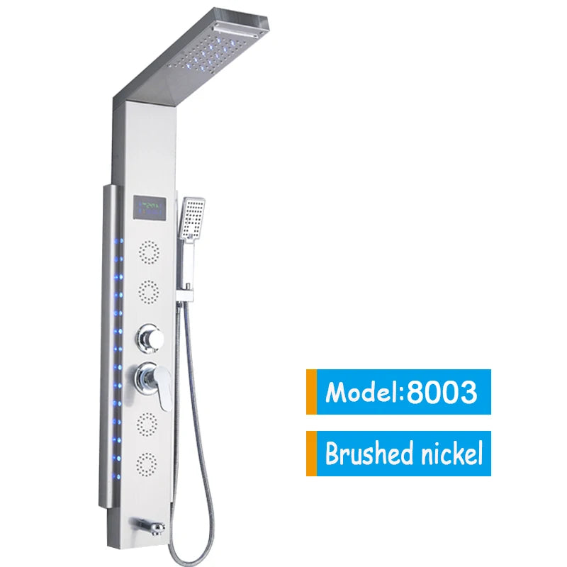 Luxury Black/Brushed Bathroom LED Shower Panel Tower System Wall Mounted Mixer Tap Hand Shower SPA Massage Temperature Screen