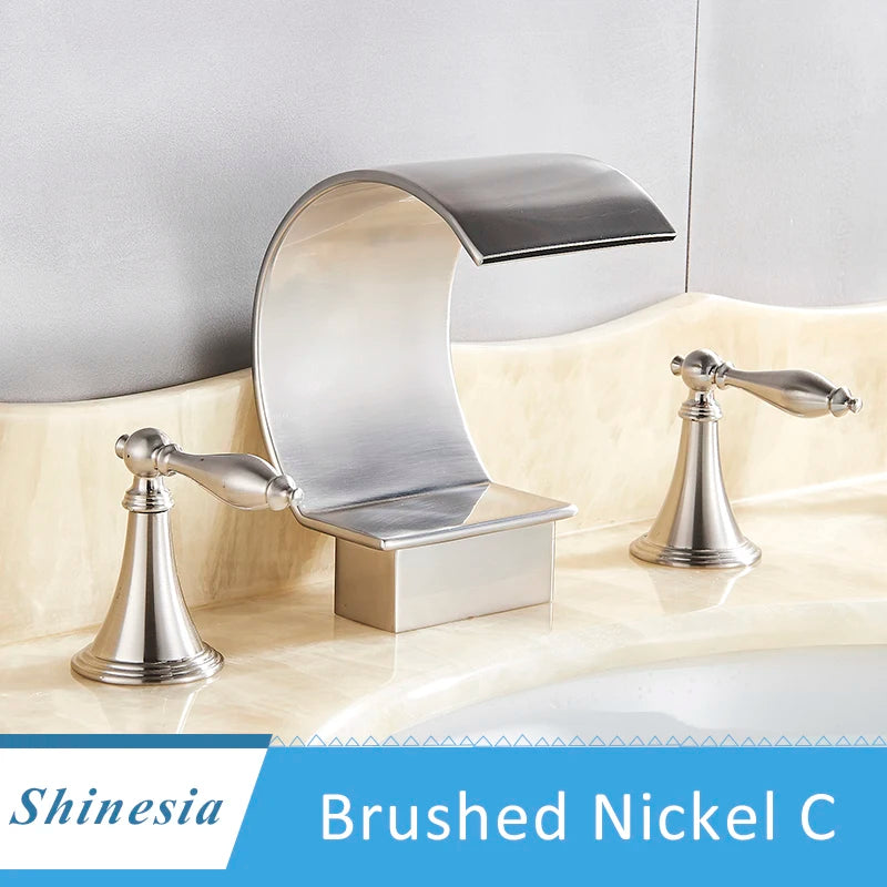 Shinesia Luxury Golden Bathroom Basin Faucet for Vessel Sink Crane Waterfall Hot and Cold Water Mixer Tap Dual Cristal Handle