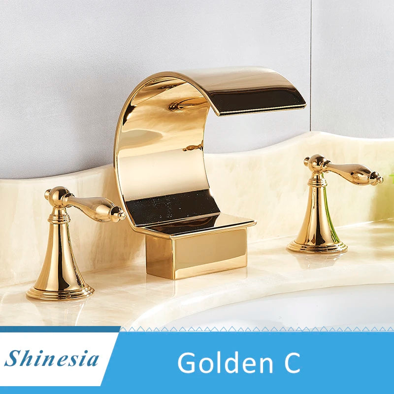 Shinesia Luxury Golden Bathroom Basin Faucet for Vessel Sink Crane Waterfall Hot and Cold Water Mixer Tap Dual Cristal Handle