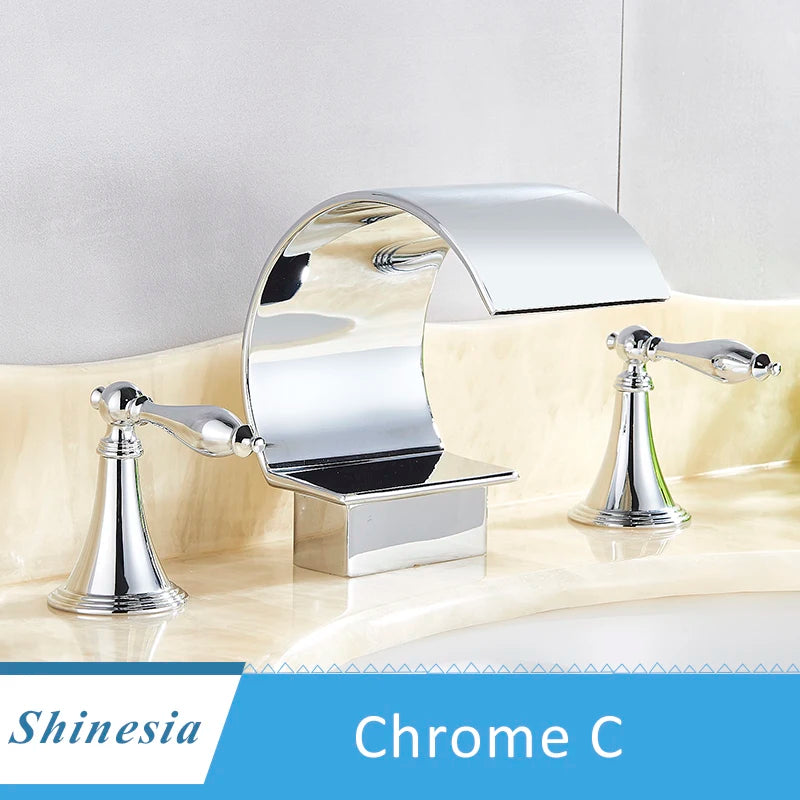 Shinesia Luxury Golden Bathroom Basin Faucet for Vessel Sink Crane Waterfall Hot and Cold Water Mixer Tap Dual Cristal Handle