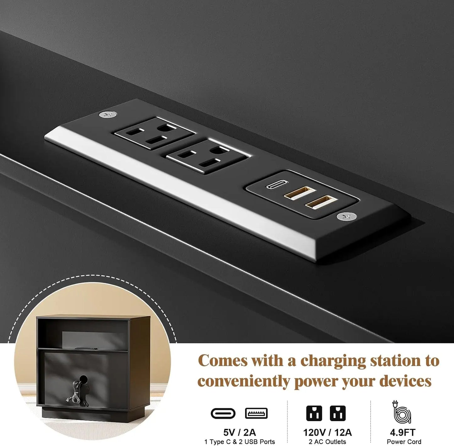 Modern Fluted Wood Nightstand Charging Station Three Drawers Bedside Table