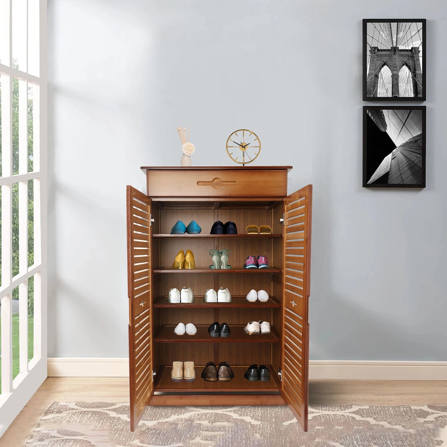 CNCEST 5-Tier Bamboo Shoe Rack with Drawer and Doors