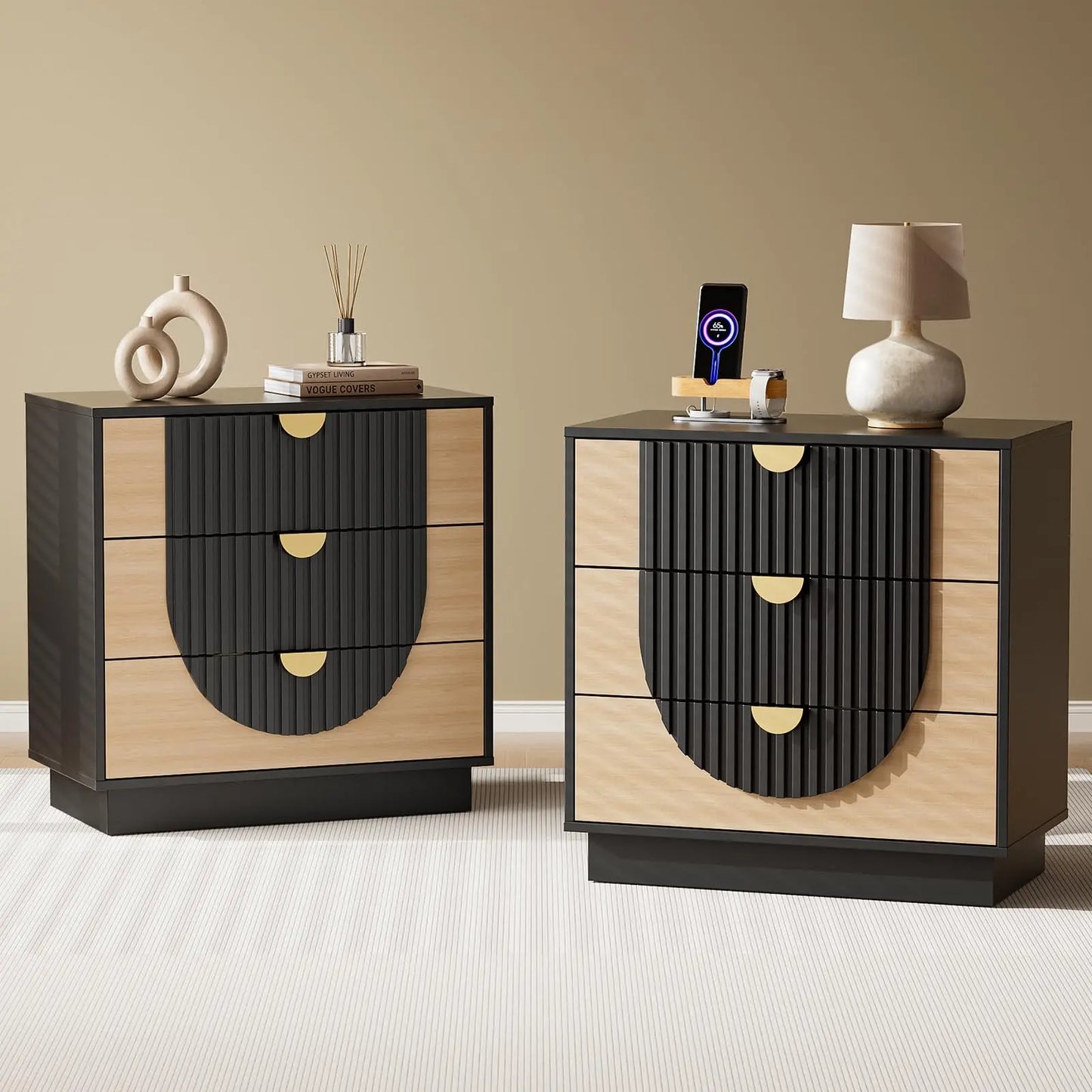 Modern Fluted Wood Nightstand Charging Station Three Drawers Bedside Table