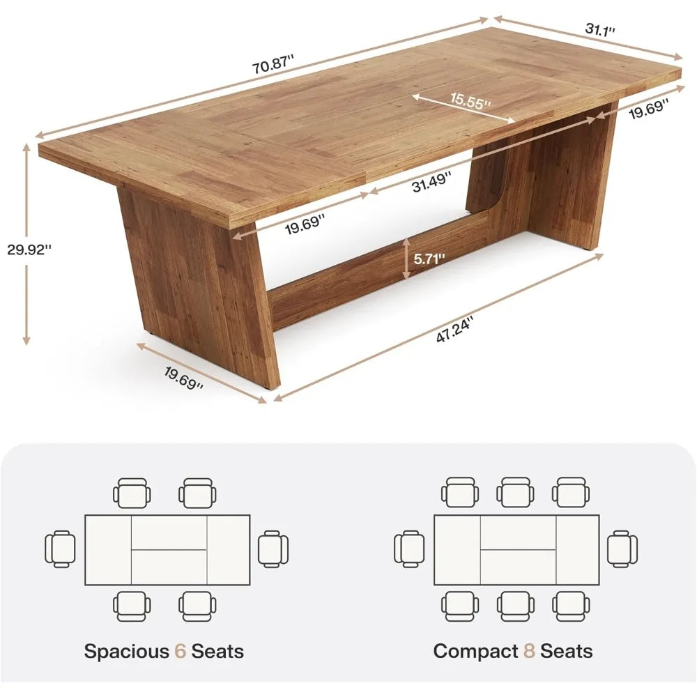70.87 Inch Dining Table, Large Wooden Dining Table for 6-8 People, Rectangular Farmhouse Kitchen Dining Table with Sturdy Base