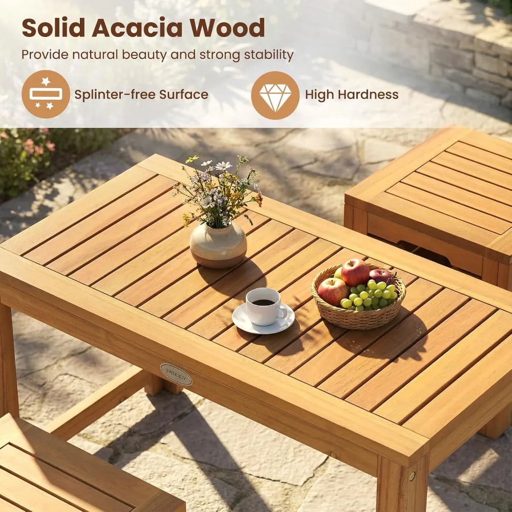 Acacia Wood Outdoor Patio Coffee Table With Stools Hidden Storage