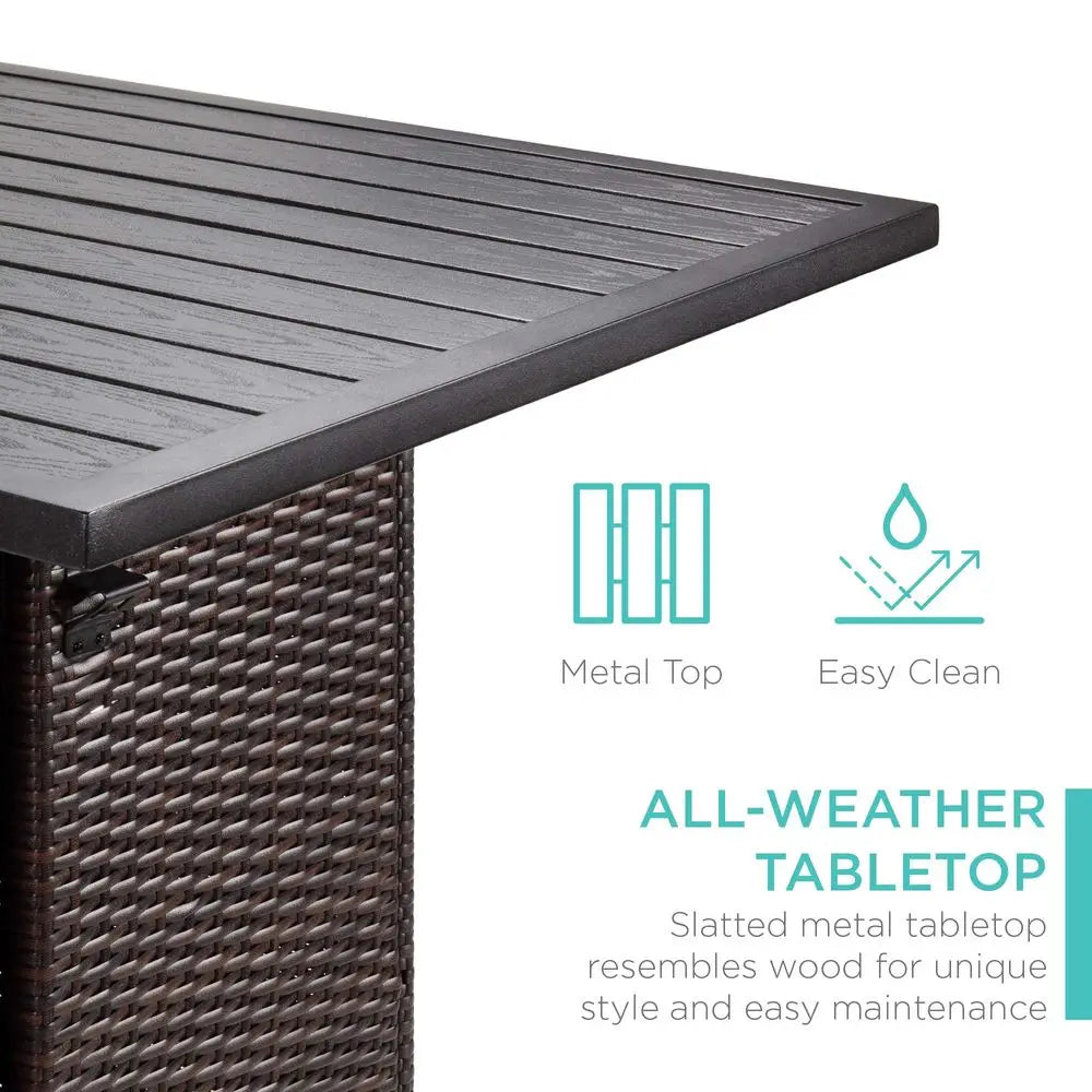 5Piece Outdoor Wicker Bar Table Set for Patio, Poolside, Backyard w Builtin Bottle Opener, Hidden Storage Shelf, Metal Tabletop