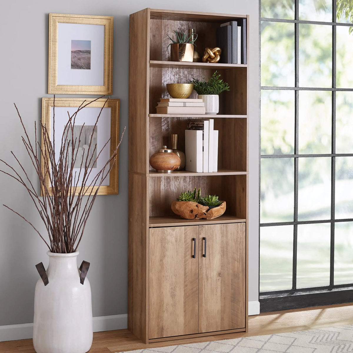 Mainstays Black 5‑Shelf Bookcase with Doors Traditional Storage Display Cabinet Bookshelf for Living Room Home Office