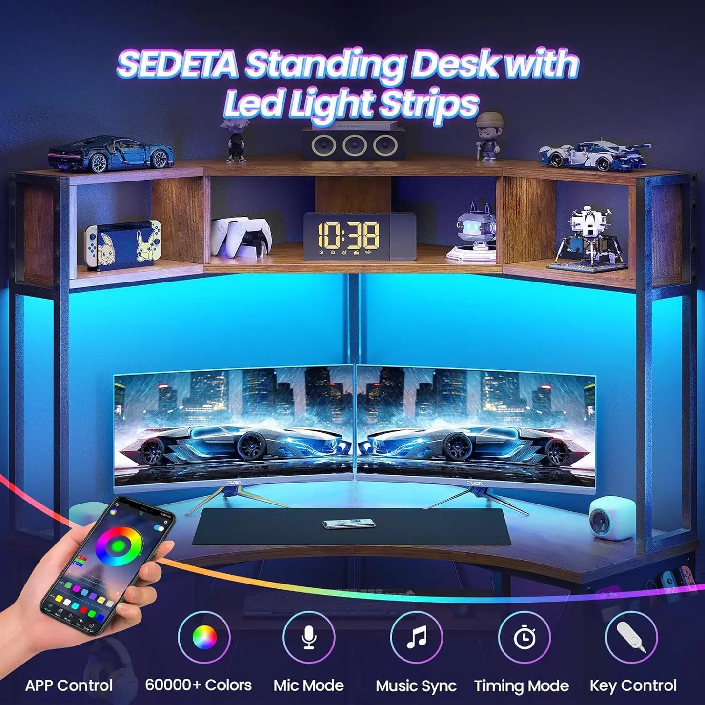 Corner Desk, 39" W x 62" H Small Office Desk with Hutch & LED Lights, Triangle Gaming Computer Desk with Keyboard Tray