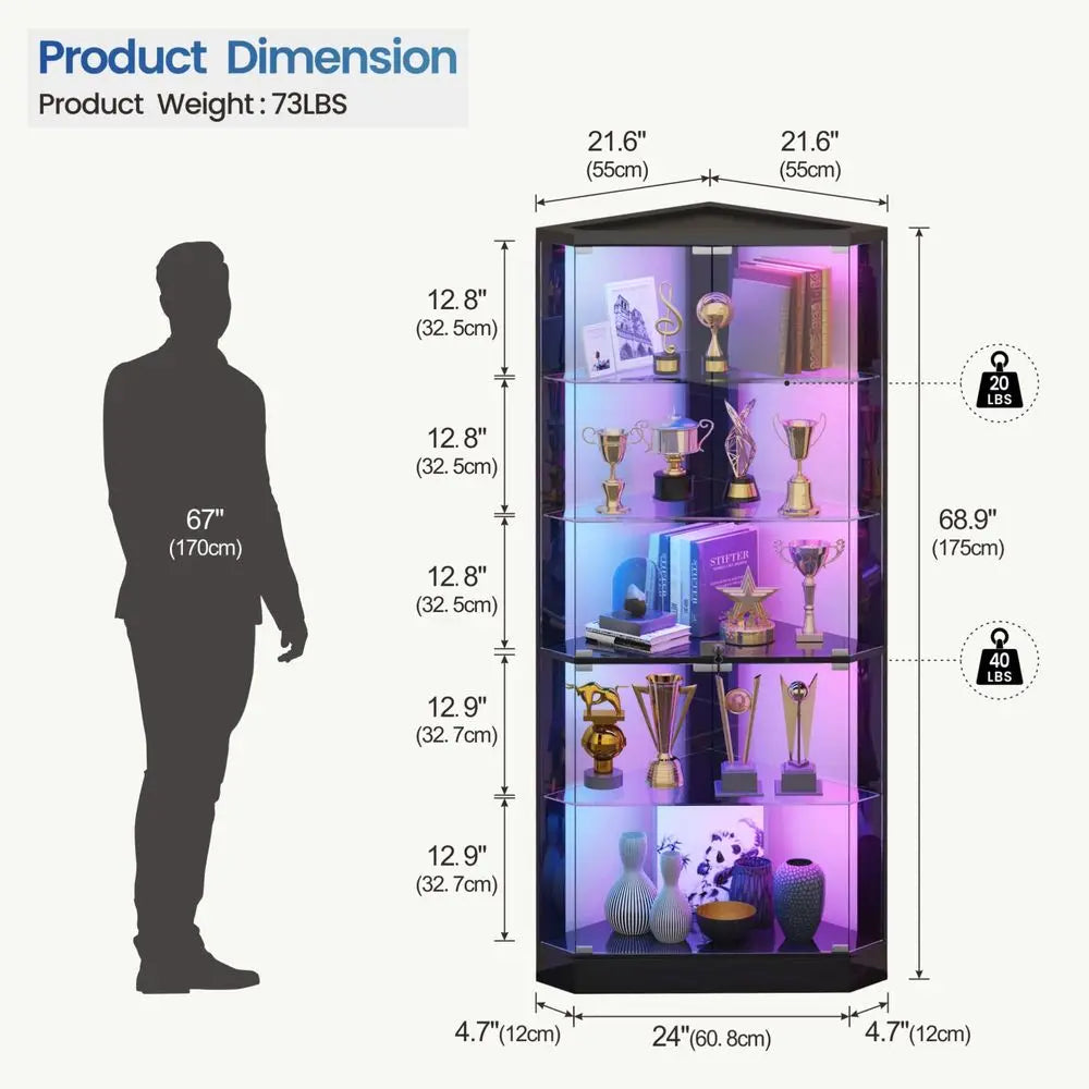 Corner Display Cabinet with RGB Lights and Glass Doors,5Tier Showcase Display Case with Glass Shelves amp Human Body Sensor,Cor