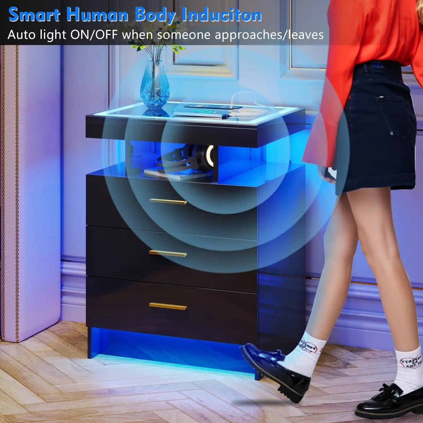 Nightstand With Wireless Charging And Auto Sensor LED End Table