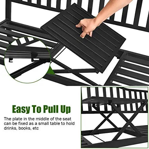Black Steel Outdoor Garden Bench With Foldable Center Table And Striped Cushions For Patio Lawn Porch