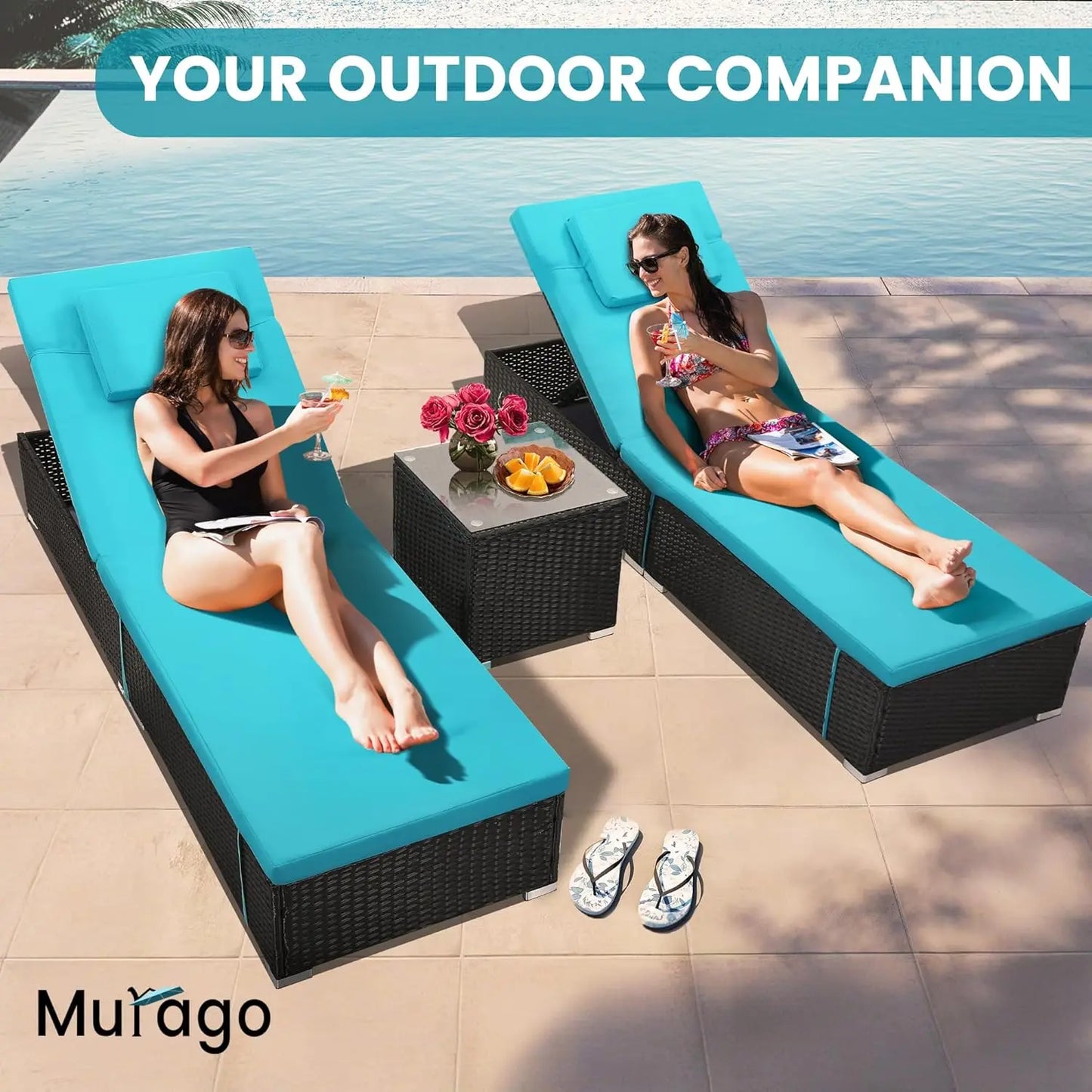 All-Weather Wicker Adjustable Chaise Lounge Set w/ Side Table Washable Cushion for Patio Pool Beach 2pcs Light Blue, Custom