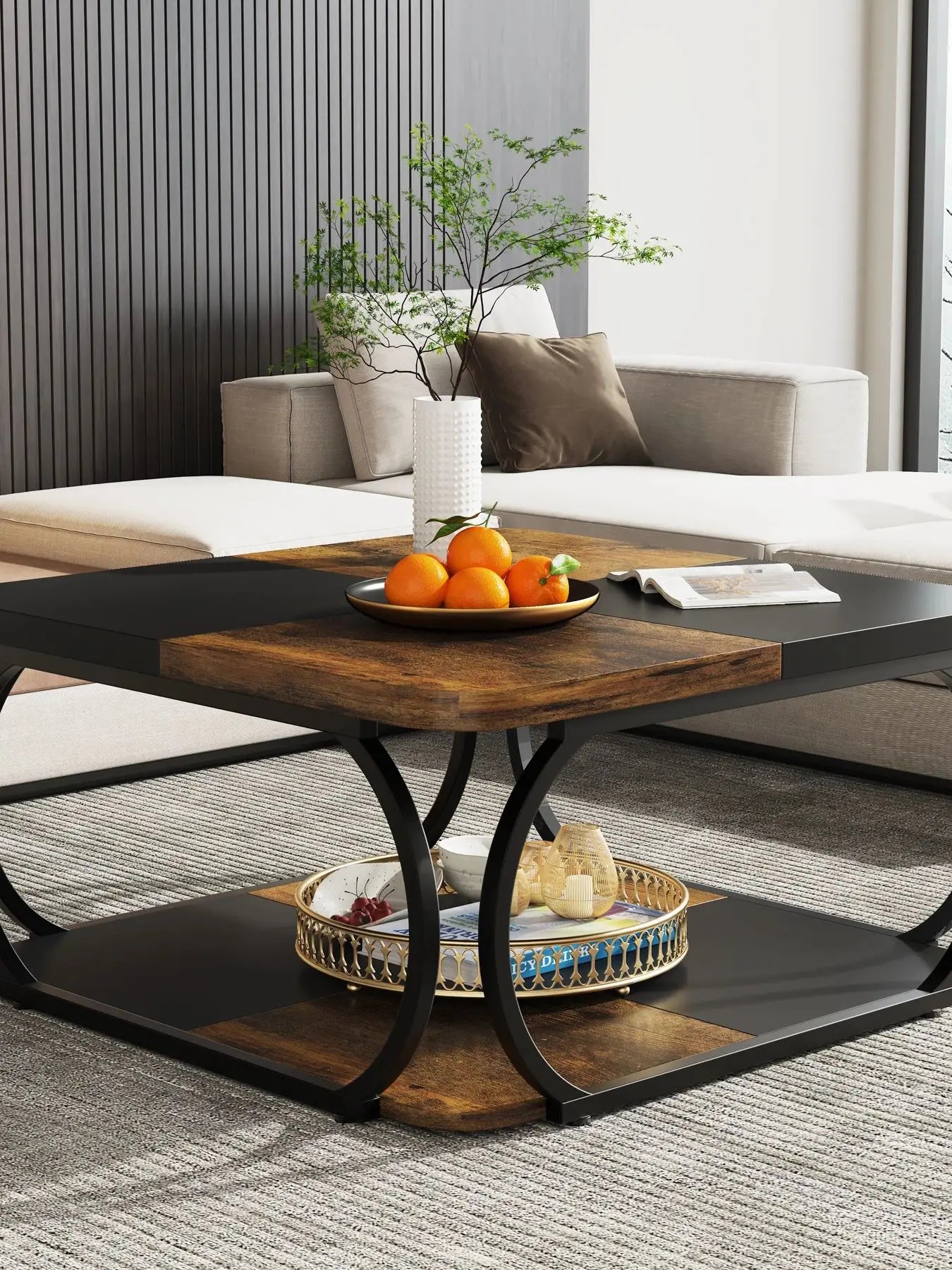 Tribesigns Square Coffee Table With Two Tiers And Metal Frame