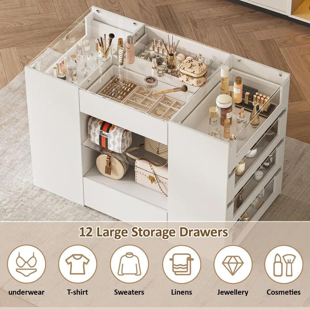 Closet Island with Drawers, Wardrobe Armoire Bedroom Island, Glass Display Shelf amp 12 Drawers, White Dresser with Glass Top,