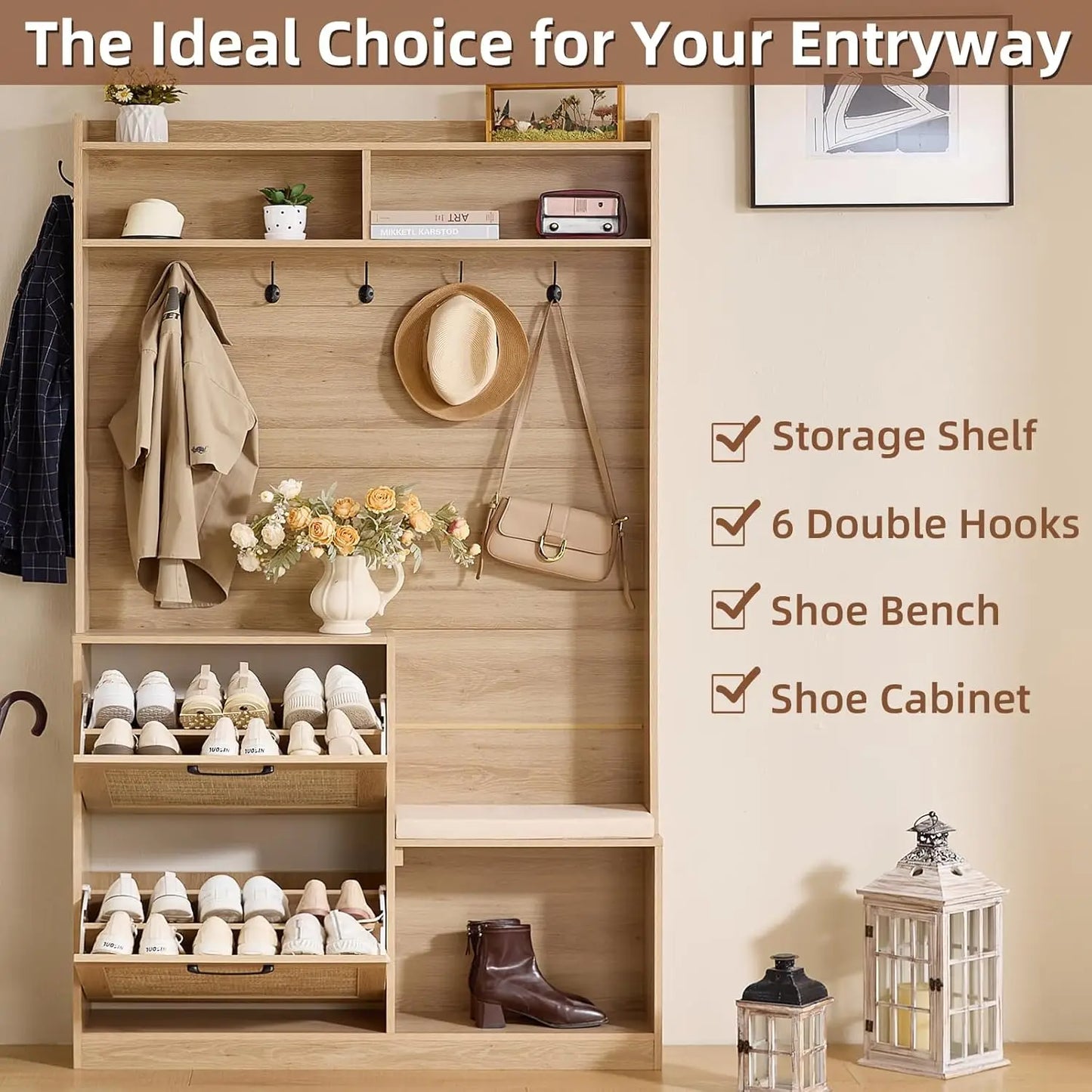 78" Tall Boho Hall Tree with Bench & Shoe Storage, 4-in-1 Mudroom Rattan Coat Rack with 2 Flip Drawers & Cushioned Stool