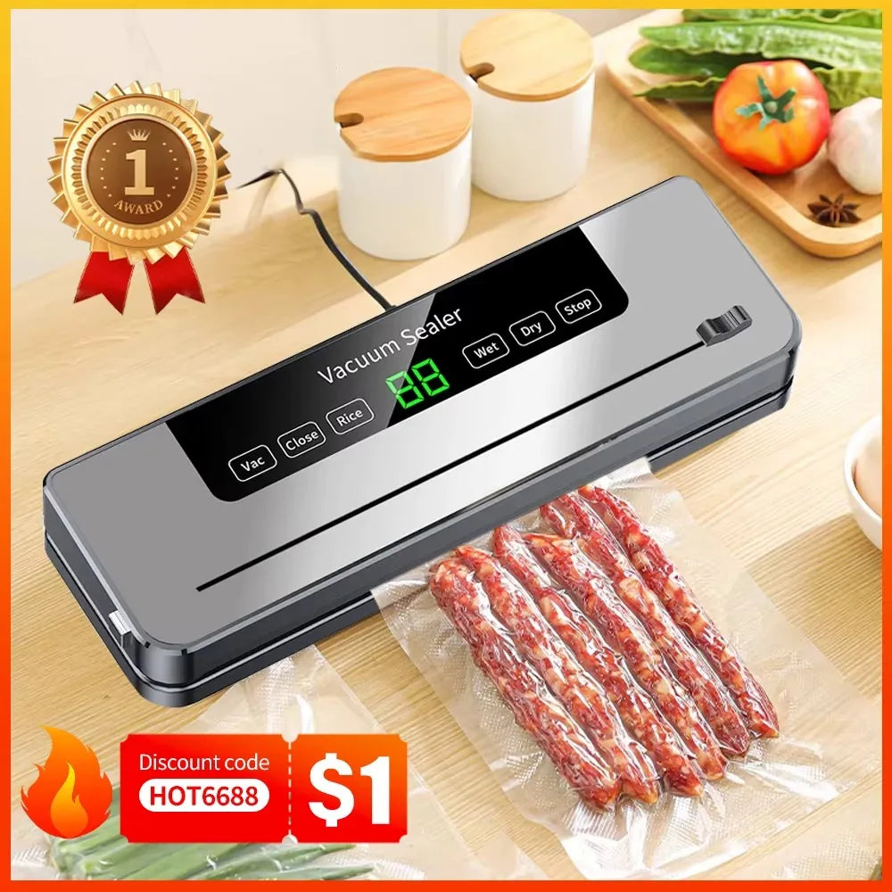 Electric Vacuum Sealer Machine, Touch Button Food Storage Sealer with Built-in Cutter – Dry/Wet Sealing for Kitchen Packaging