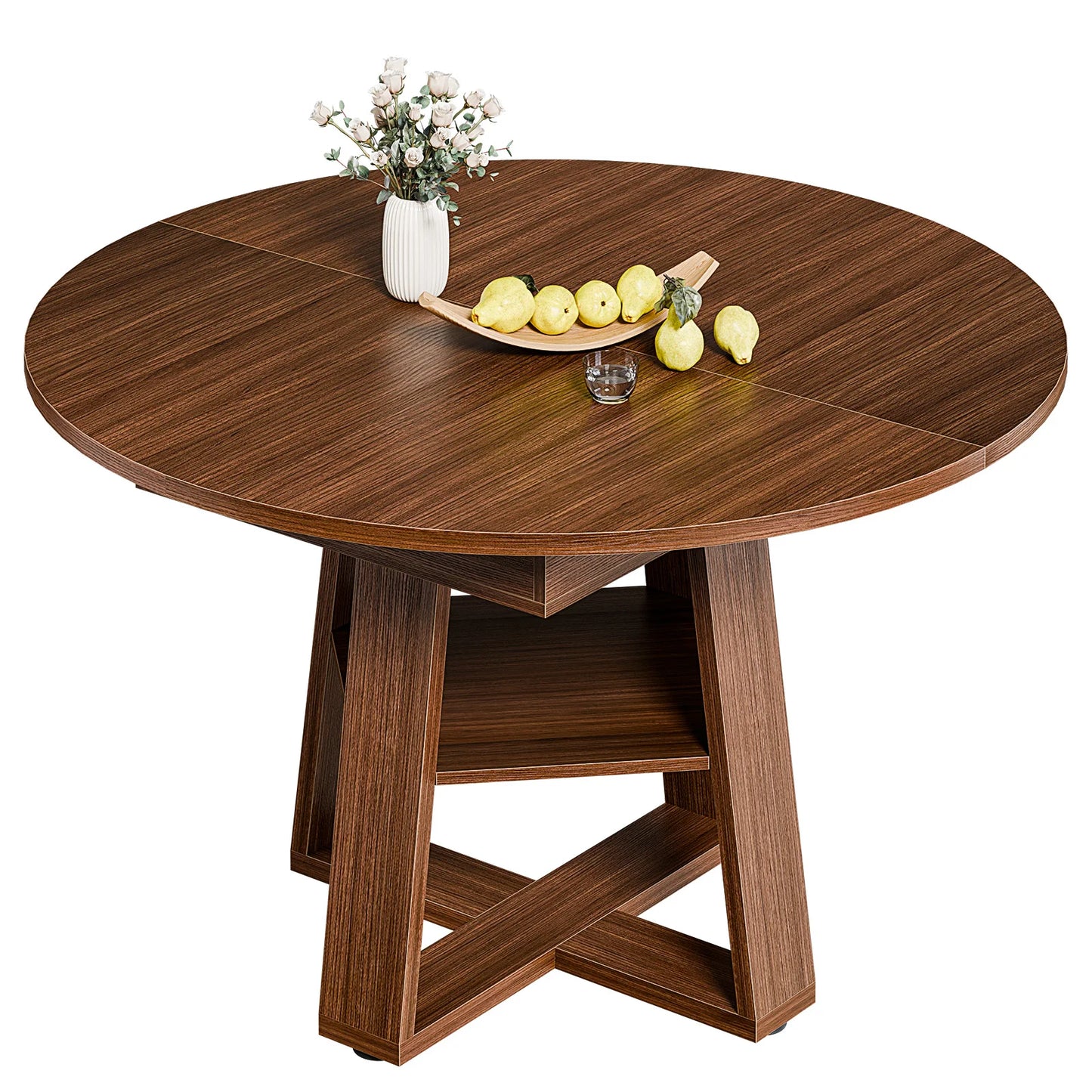 JHK Extendable Wood Round Dining Table With Storage Shelf