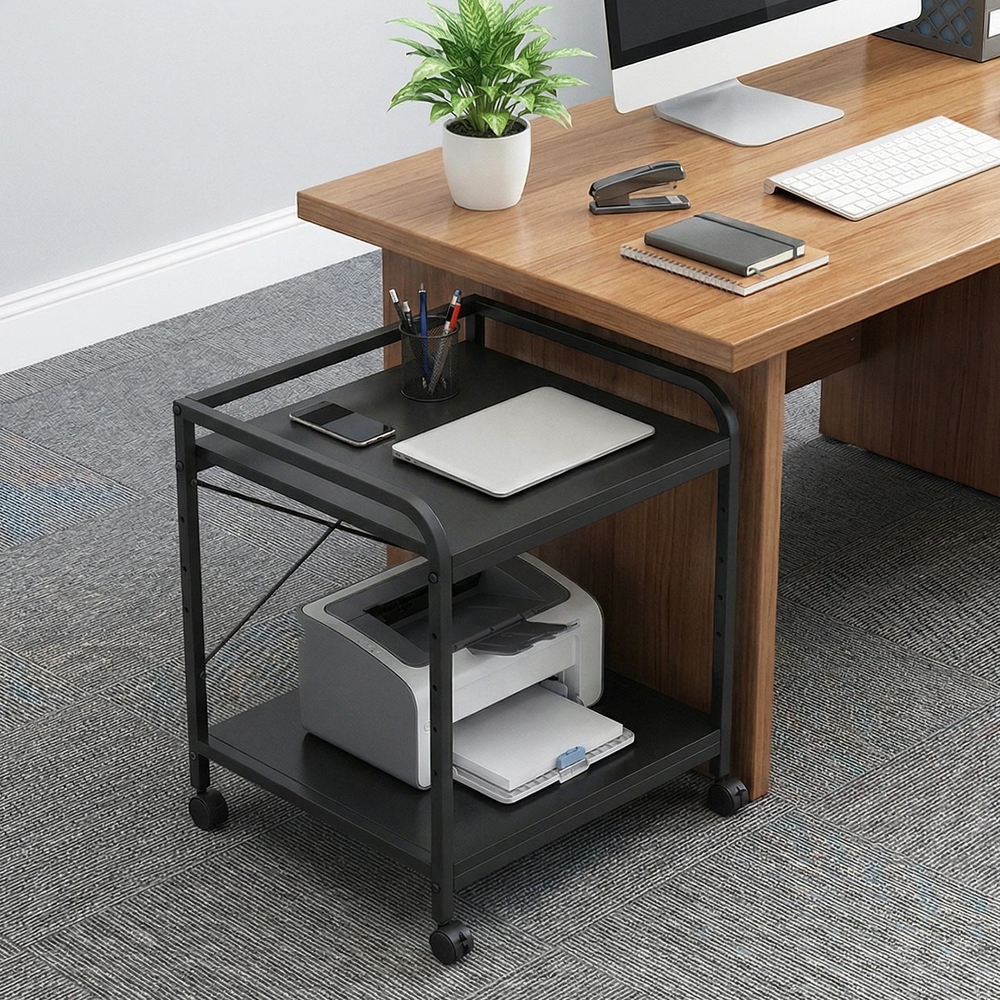 2 Tier Under Desk Printer Stand with Storage, 20" Deep Printer Table with Height Adjustable Shelf, Rolling Printer Cart with Wheels for Home Office