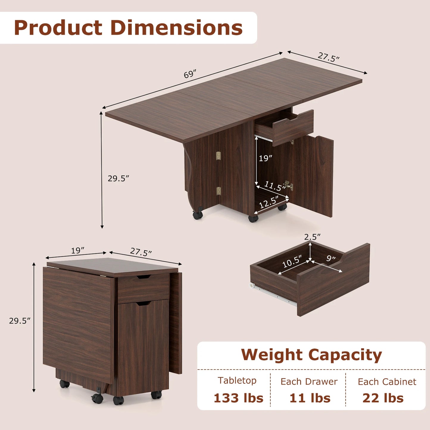 HOMASIS Folding Dining Table With Lockable Wheels And 2 Drawers