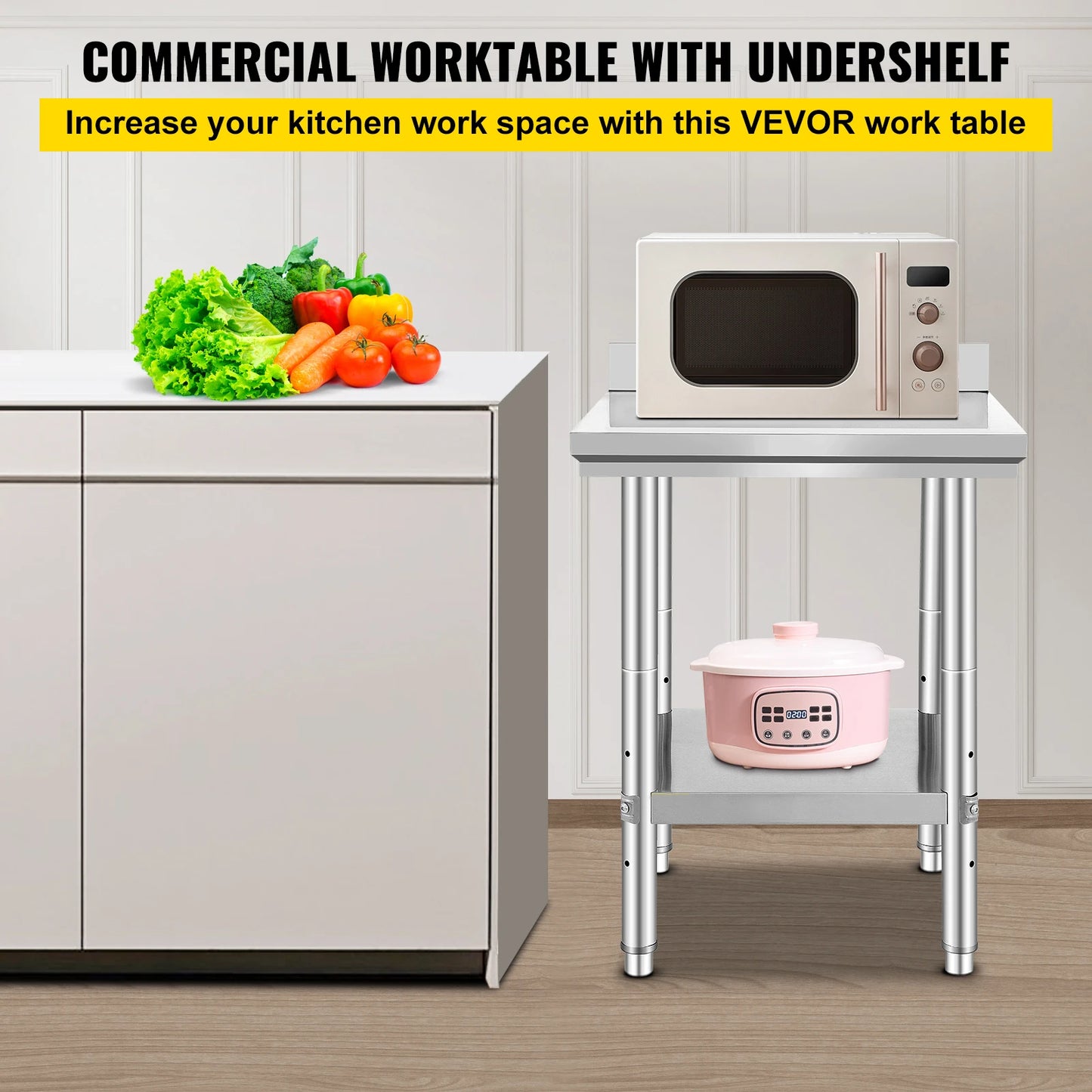 SucceBuy Kitchen Work Bench Commercial Catering Table Worktable with Undershelf Stainless Steel 330LBS 286LBS for Restaurant