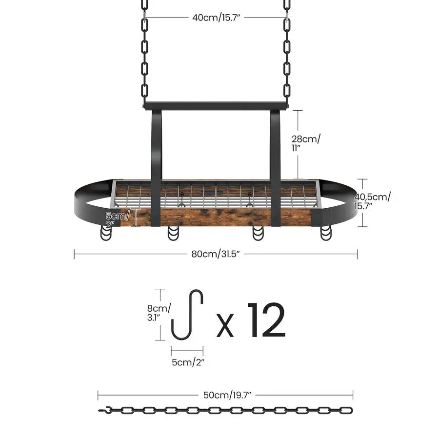 Ceiling Mounted Pot Rack With 12 S-Shaped Hooks For Kitchen Storage