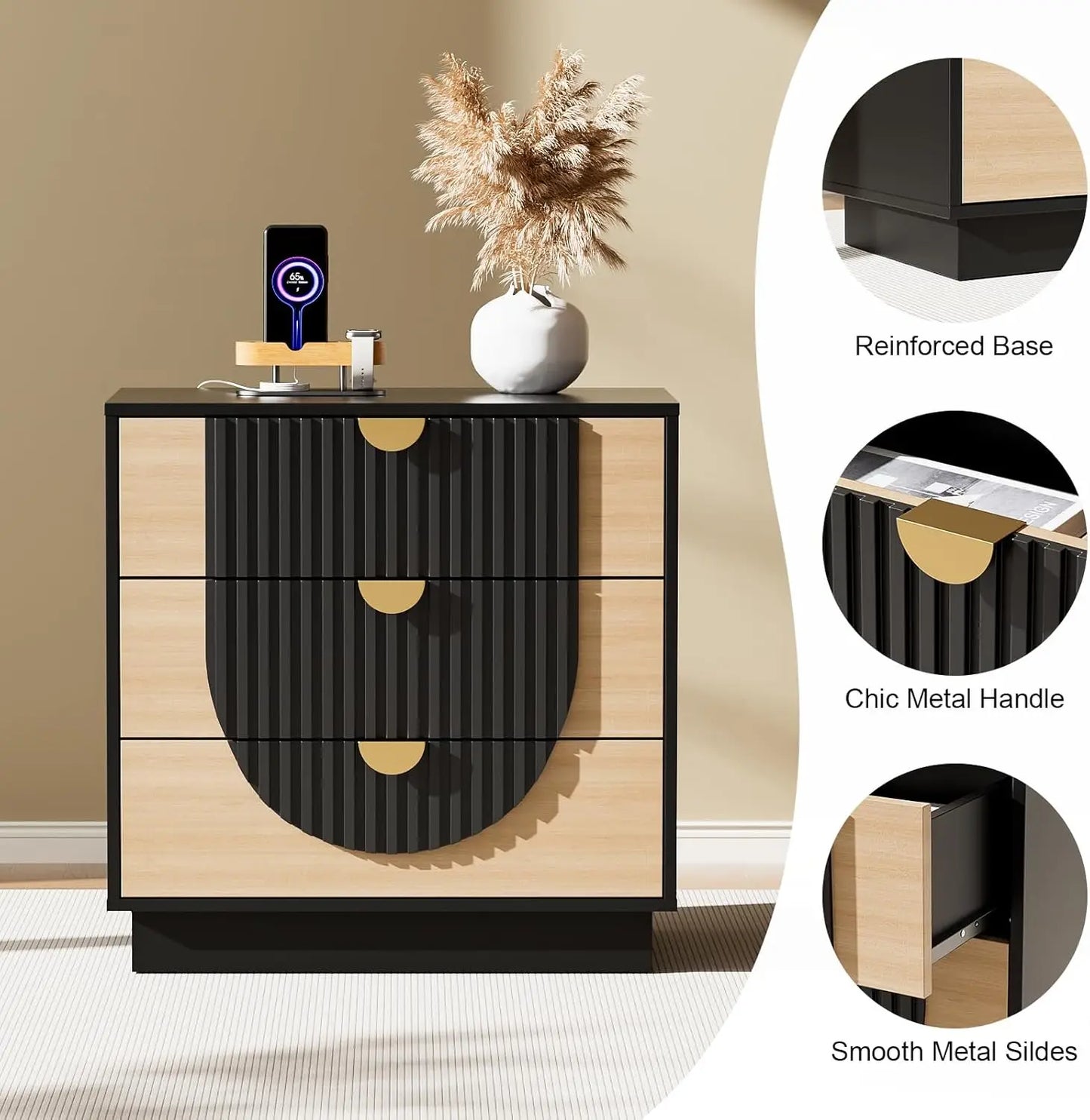 Modern Fluted Wood Nightstand Charging Station Three Drawers Bedside Table