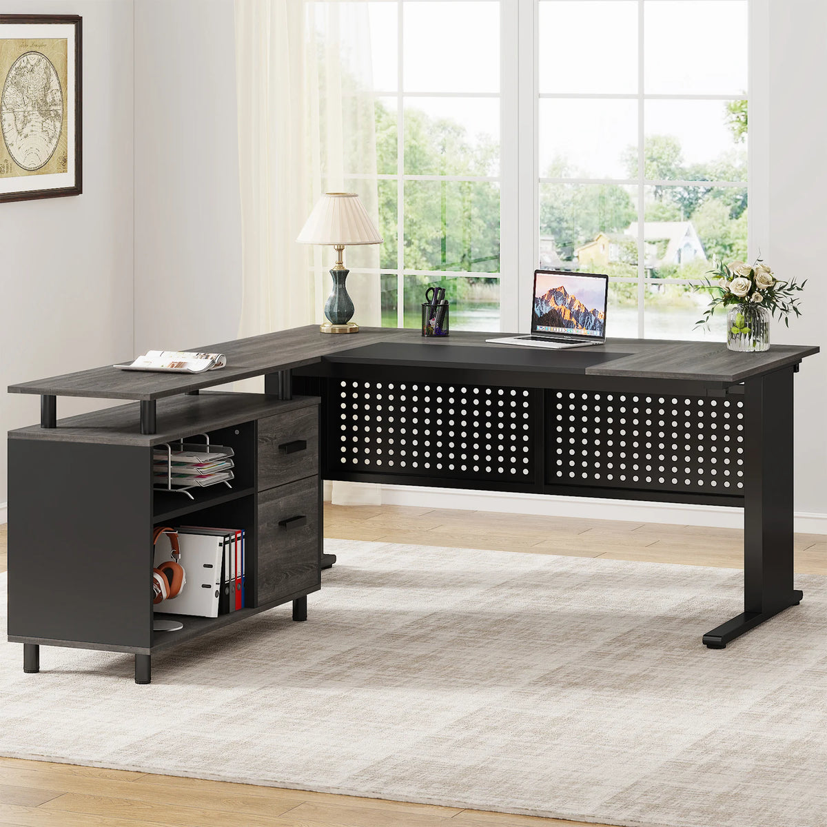 Tribesigns Executive Office Desk With File Cabinet And Storage Shelves