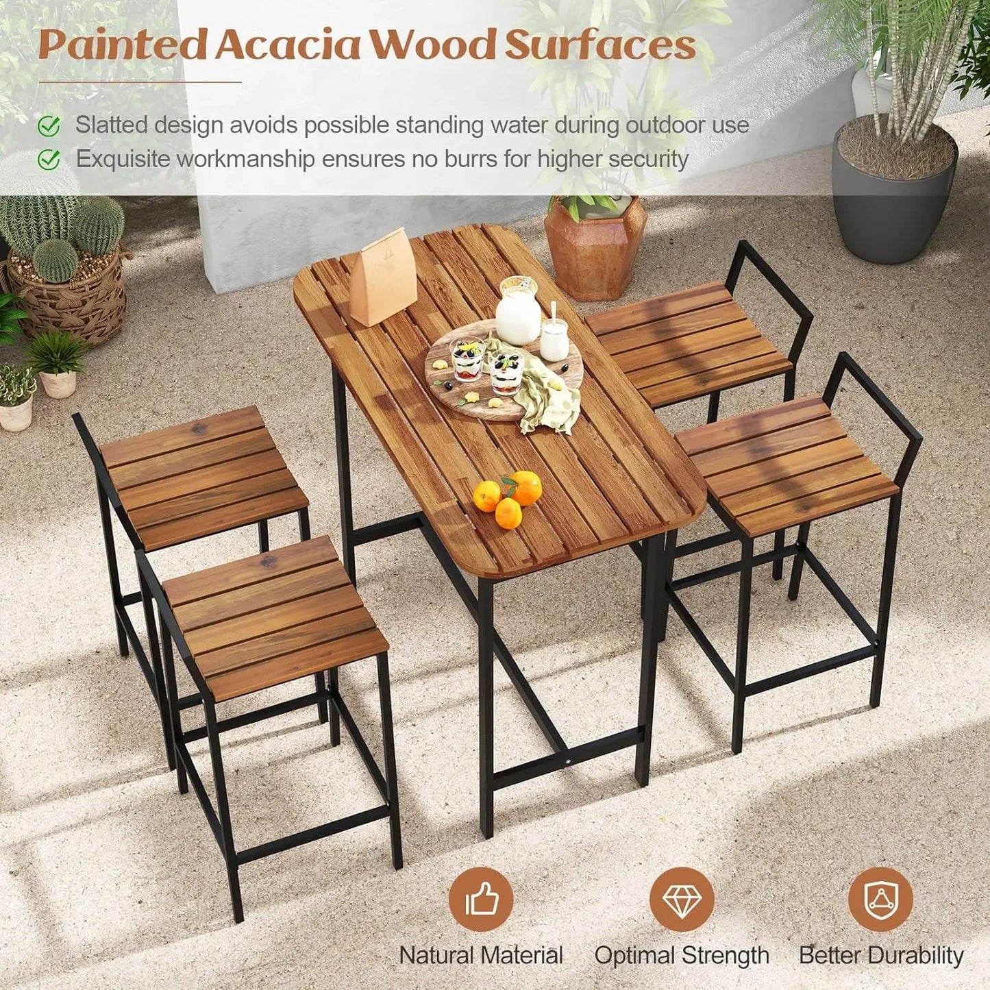 Outdoor Five Piece Acacia Bar Table Set Metal Frame Footrest