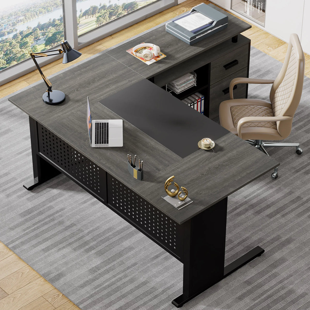 Tribesigns Executive Office Desk With File Cabinet And Storage Shelves