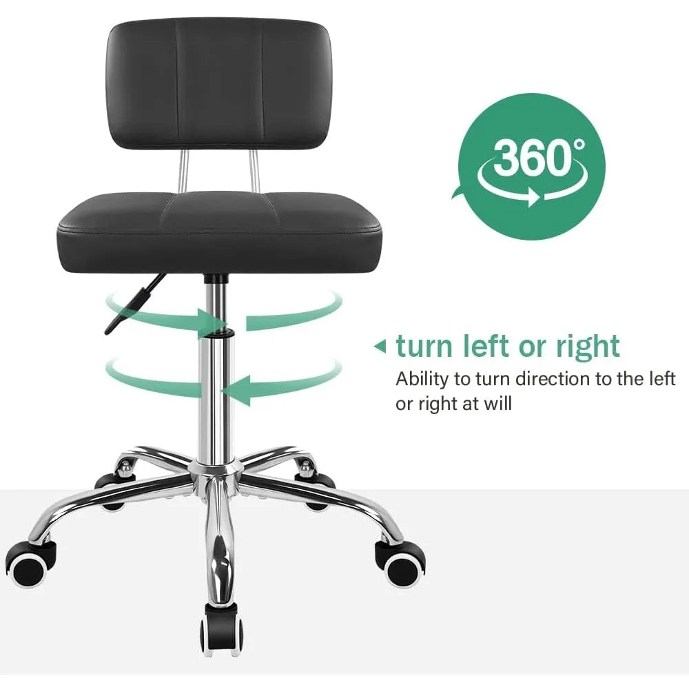Square Swivel Stool with Back Wheels Adjustable Height for Office Home Work Spa Black