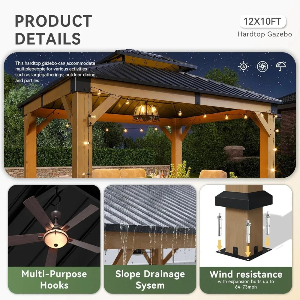 10x12 Outdoor Wooden Gazebo Hardtop Galvanized Steel Double Roof Patio Garden Deck Cedar Natural Custom