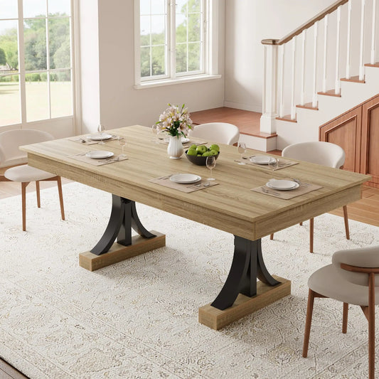 71 Inch Dining Table For 6-8 With 2 Drawers, Industrial Rectangular Wooden Kitchen Table, Double Pedestal Base For Home Office