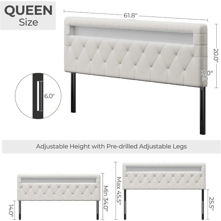 XIUWO LED Headboard For Queen Bed With USB Type-C Port