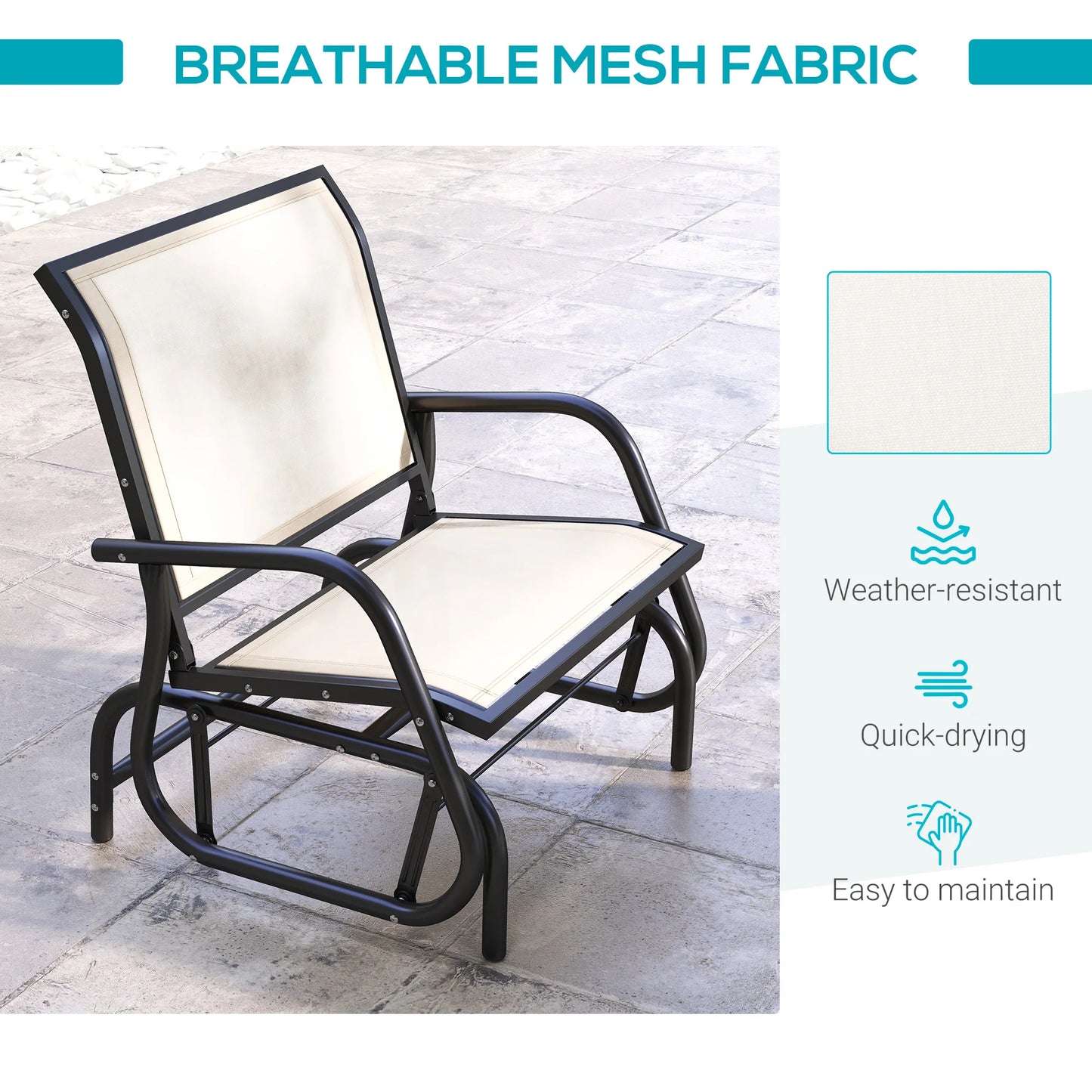 Outdoor Glider Chair, Swing Chair with Breathable Mesh Fabric, Curved Armrests and Steel Frame for Porch, Garden, Poolside, Balcony, Cream