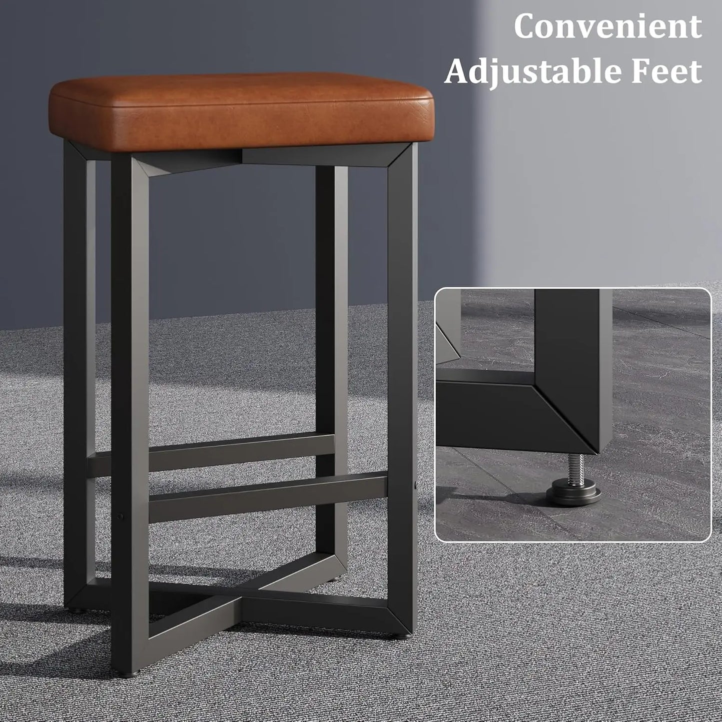2PCS 24" Bar Stools Set Counter Height Backless Barstools with Metal X-Frame PU Leather Seats for Home Kitchen Bar Dining Room