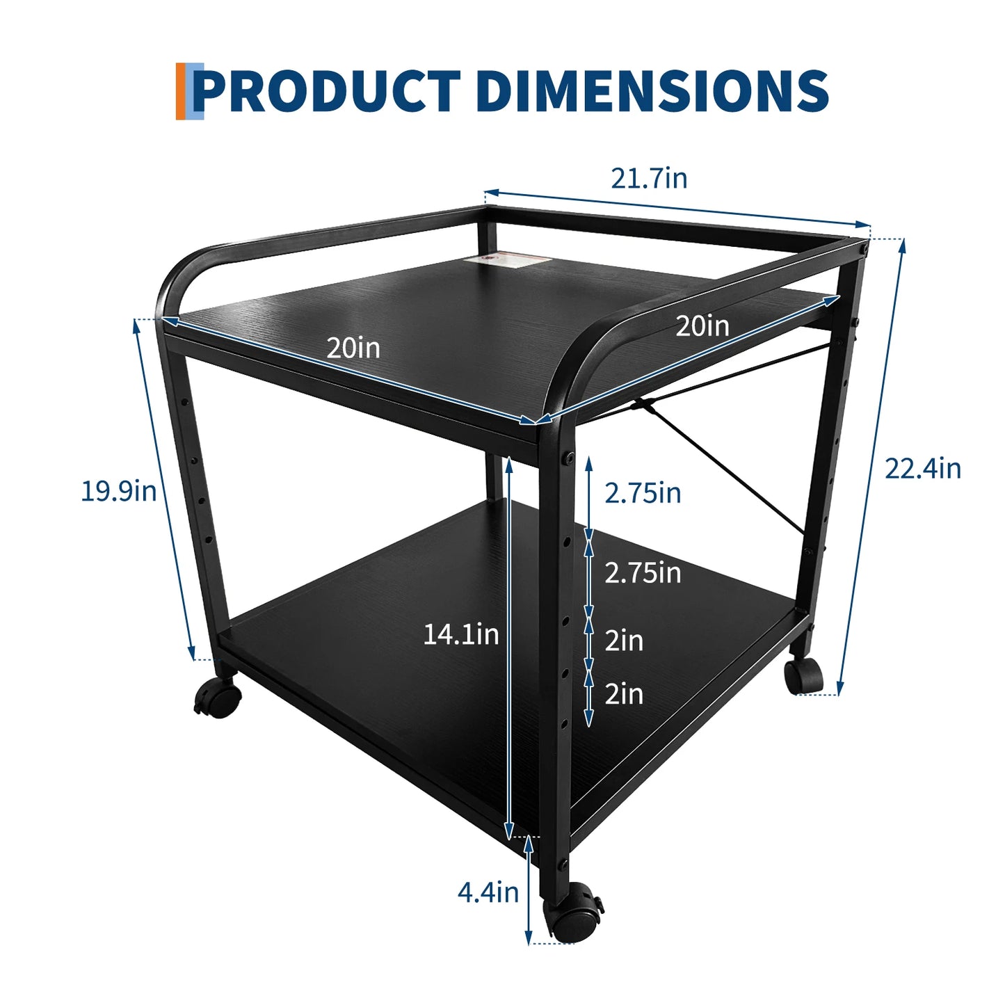 2 Tier Under Desk Printer Stand with Storage, 20" Deep Printer Table with Height Adjustable Shelf, Rolling Printer Cart with Wheels for Home Office
