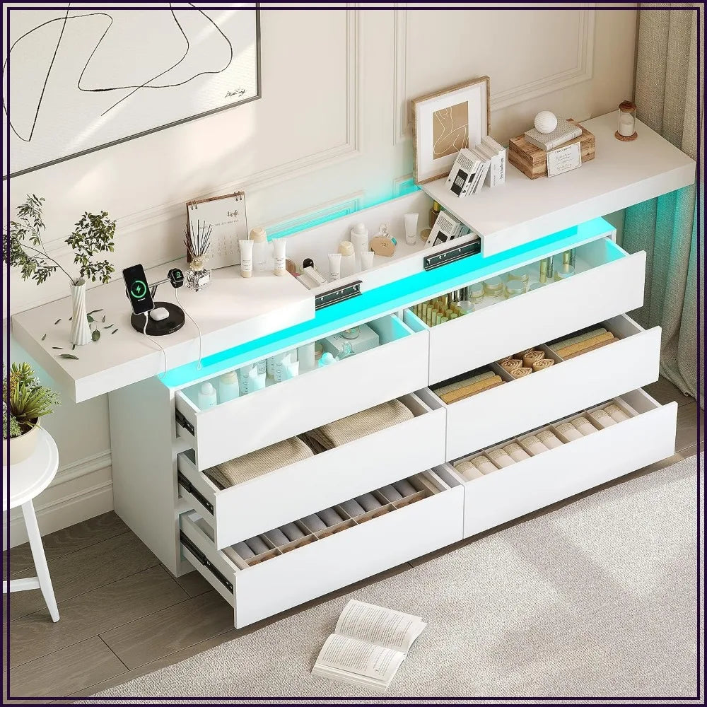 White LED Dresser 6 Drawer with Sliding Top & Charging Station for Bedroom