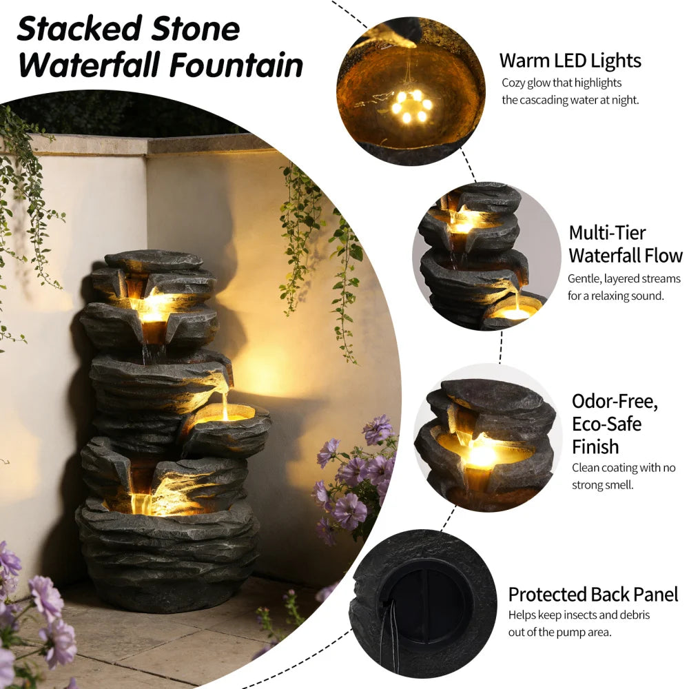 Outdoor Waterfall Fountain with Lights Stacked Rock Cascading Water Feature Resin Garden Decor for Patio Yard Porch Landscape
