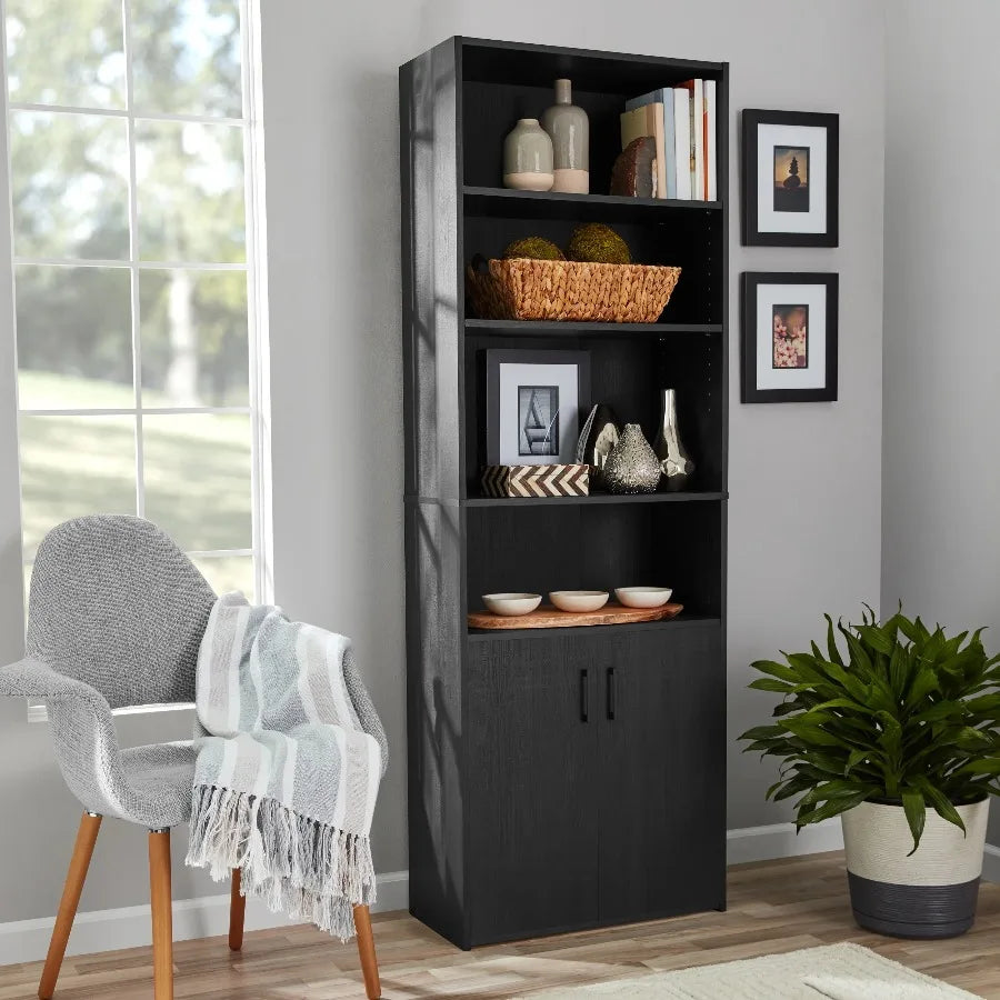 Mainstays Black 5‑Shelf Bookcase with Doors Traditional Storage Display Cabinet Bookshelf for Living Room Home Office