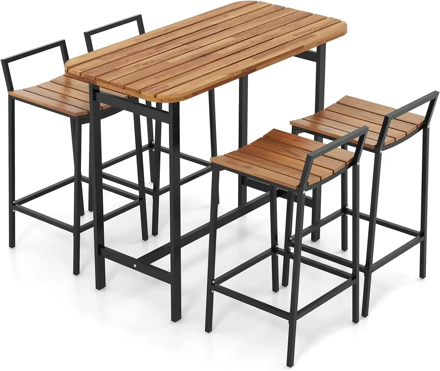 Outdoor Five Piece Acacia Bar Table Set Metal Frame Footrest