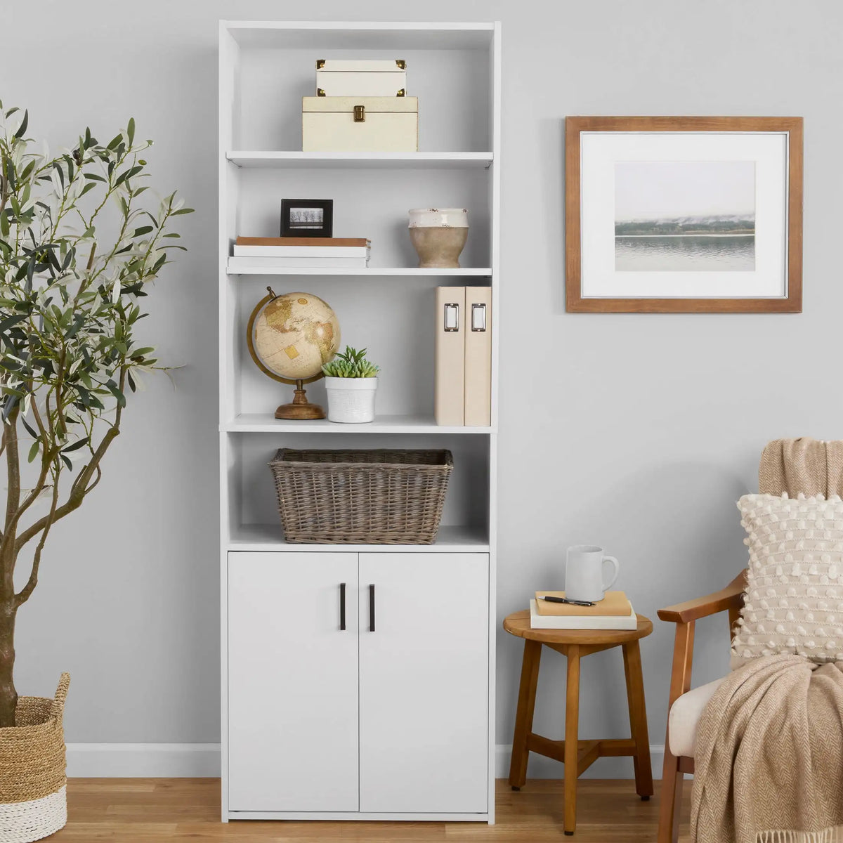 Mainstays Black 5‑Shelf Bookcase with Doors Traditional Storage Display Cabinet Bookshelf for Living Room Home Office