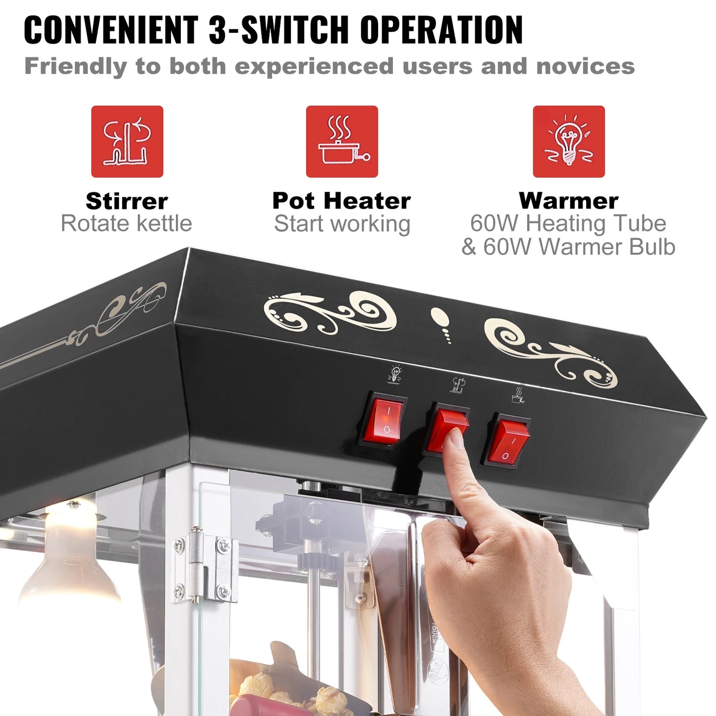 SucceBuy Commercial Countertop Popcorn Maker Machine With Tempered Glass Lid