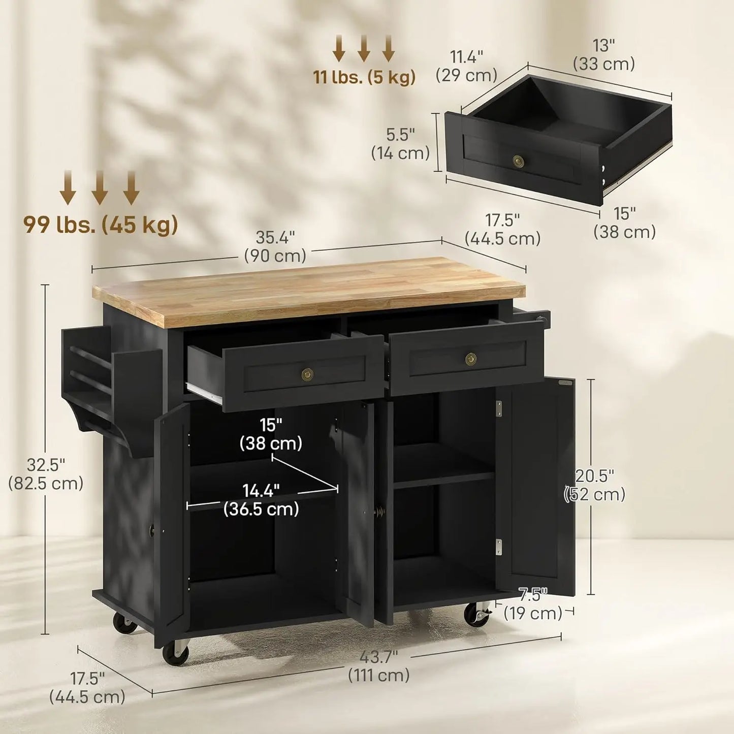 Kitchen Island Cart with Solid Wood Top, 44" Mobile Kitchen Island Table on Wheels with Storage Cabinets, 2 Drawers