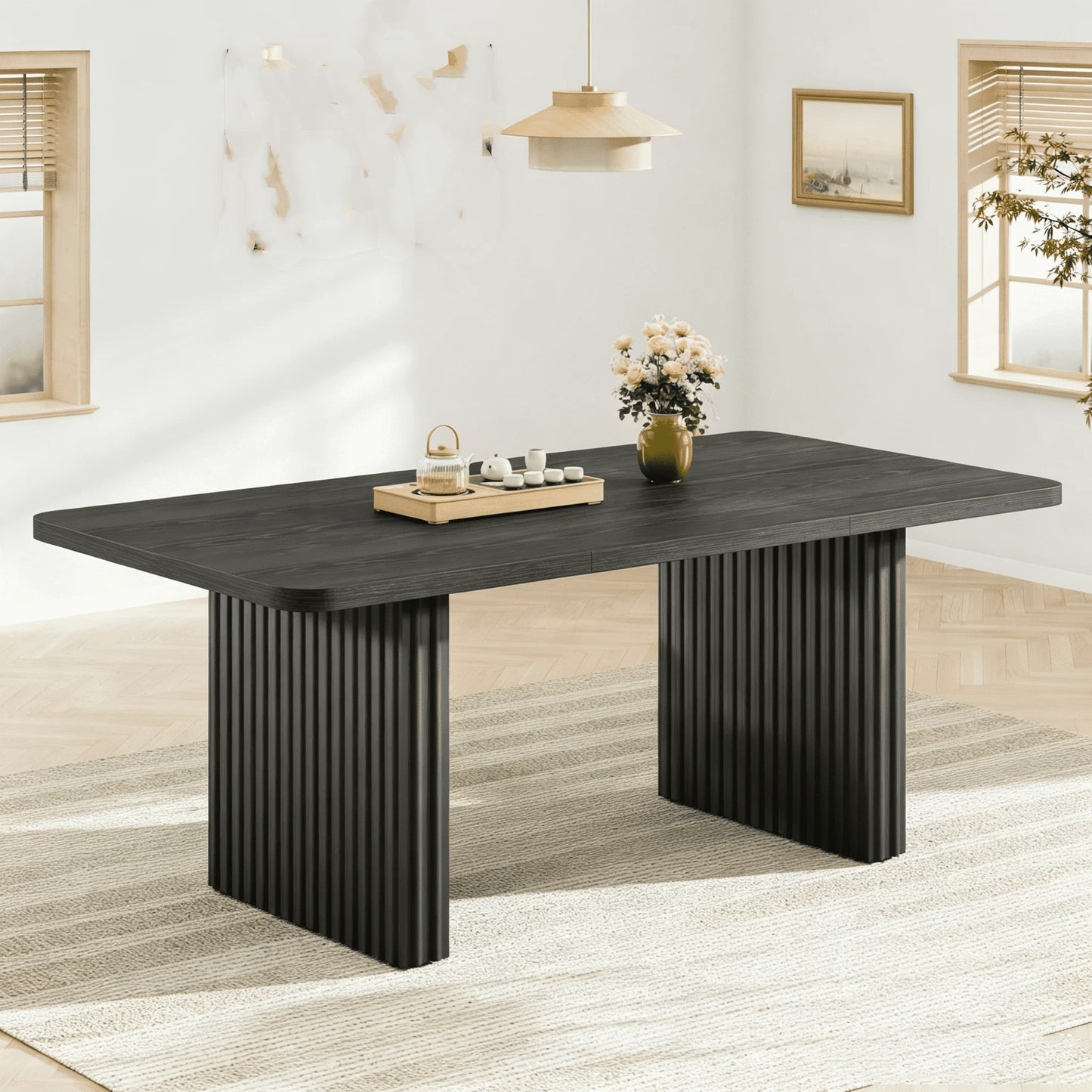Modern Dining Table for 6-8, 71" Rectangular Farmhouse Kitchen Table with 3.6"×22.9" Black Fluted Wave Metal Legs & Wooden Top, Large Dining Table for Home Office, Dining