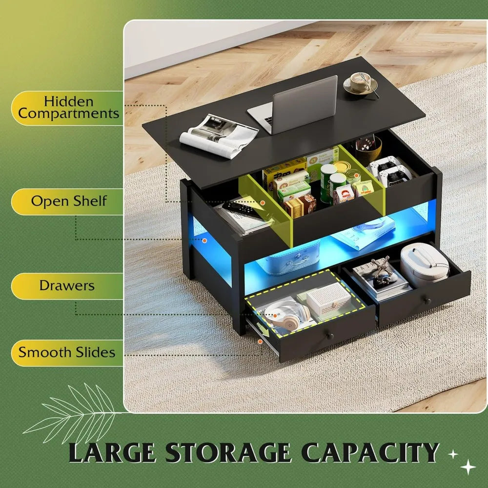 Lift Top Coffee Table With Drawers And LED Light Storage