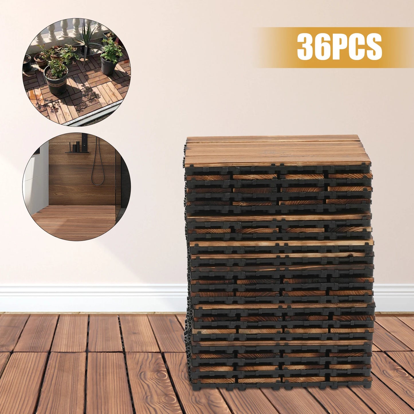 36 PCS 12"x12" Solid Wood Floor Tile Non-slip Waterproof Hardwood Interlocking Deck Tiles Garden Balcony Outdoor Flooring Decor