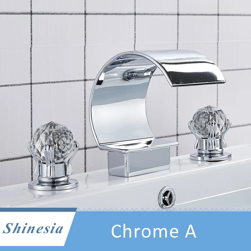 Shinesia Luxury Golden Bathroom Basin Faucet for Vessel Sink Crane Waterfall Hot and Cold Water Mixer Tap Dual Cristal Handle