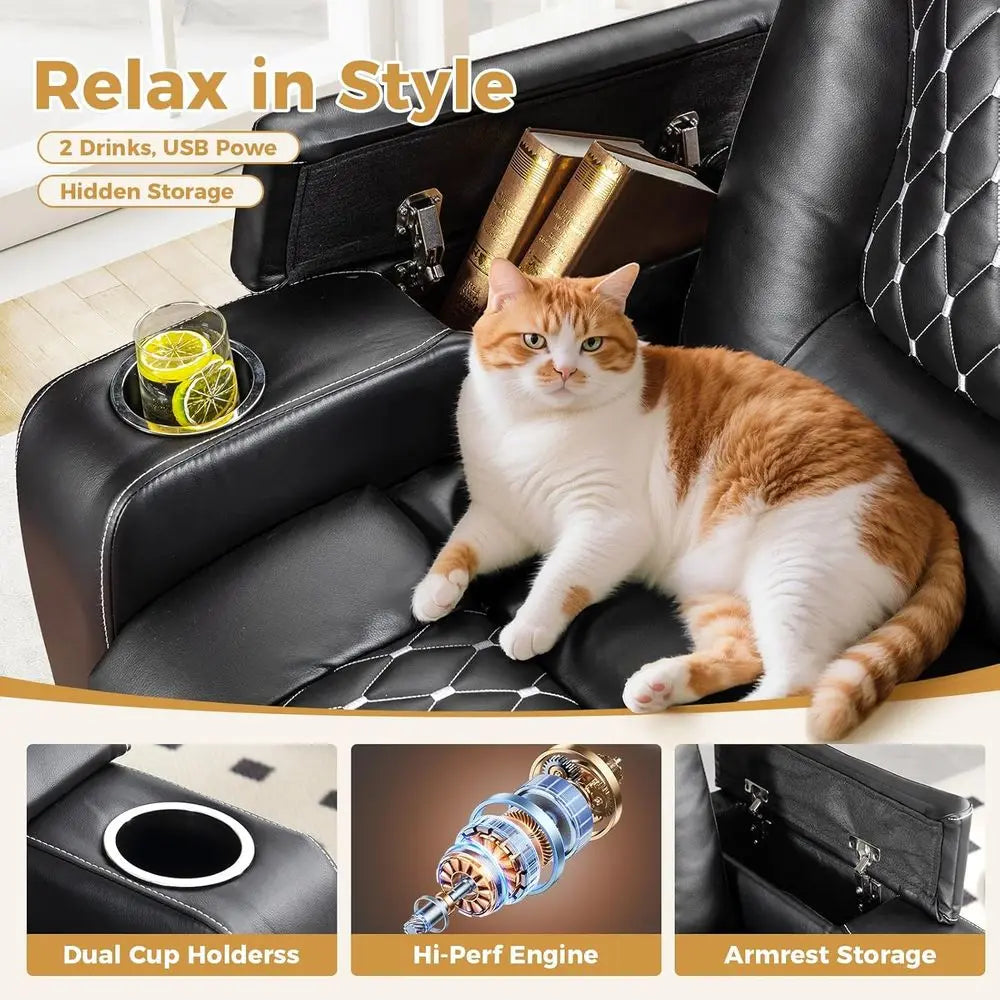 Black Leather Power Recliner with USB & Cup Holders, Home Theater Seating with Storage